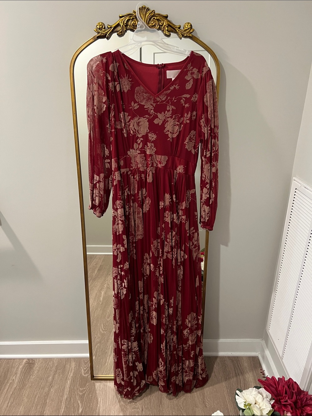 Floral V-Neck Long Sleeve Maxi Dress in Burgundy